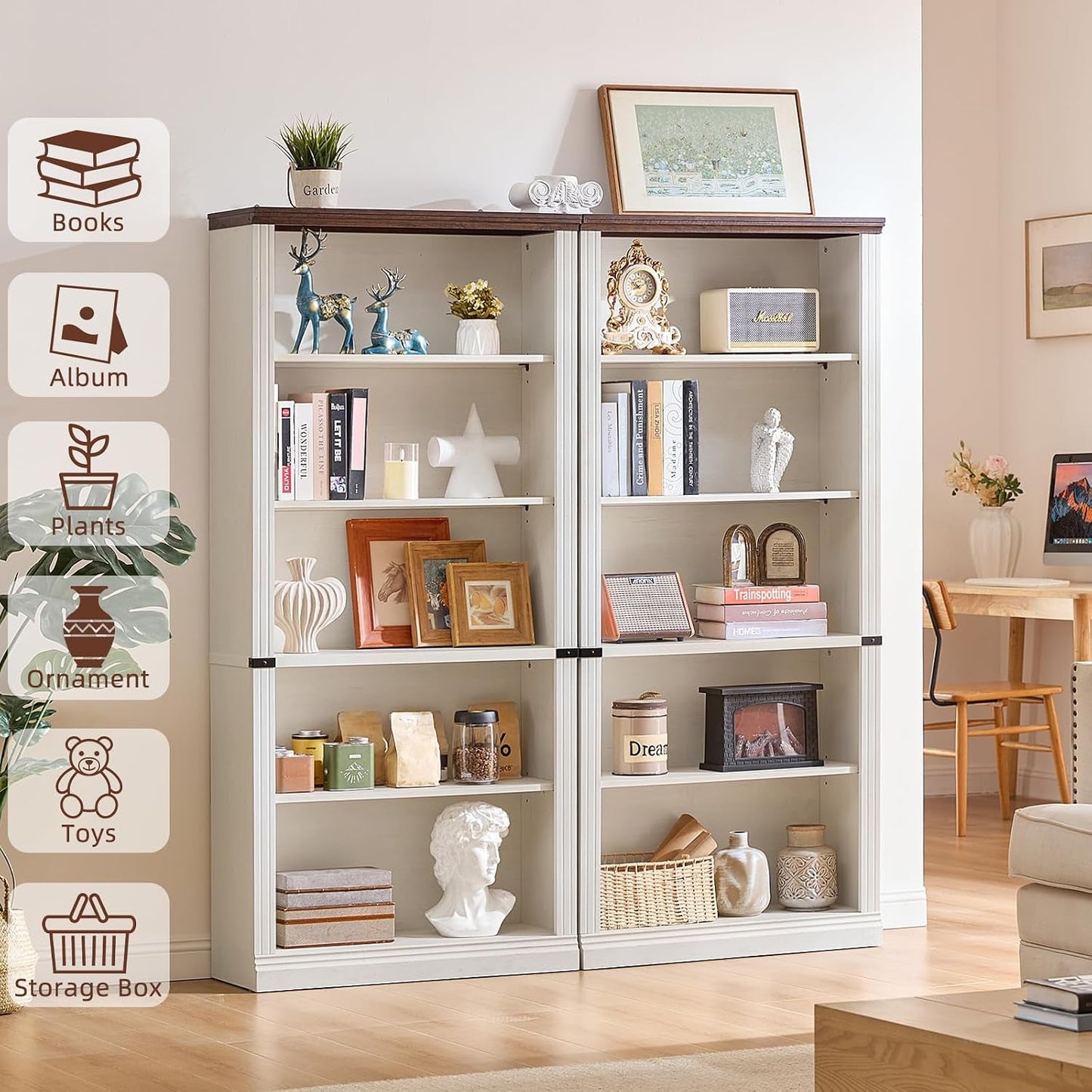 White Five Tier Bookcase Featuring Adjustable Shelves