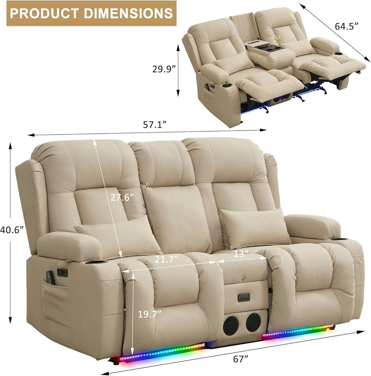 Beige Leatherette Power Reclining Loveseat With Massage