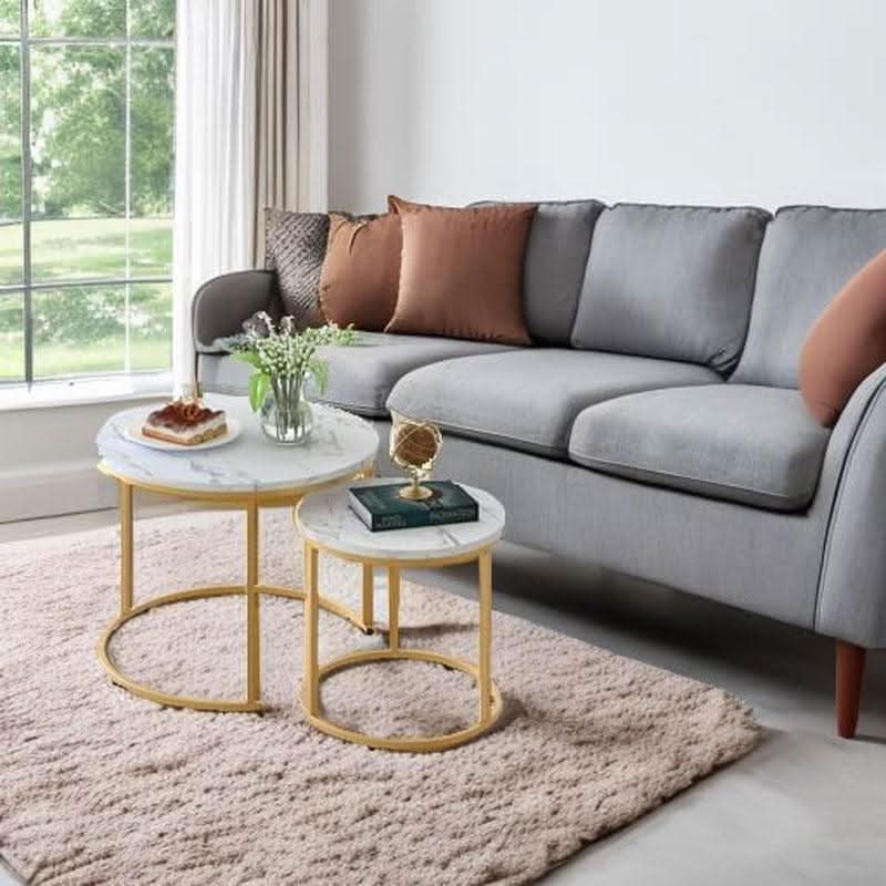 White Nesting Circular Coffee Tables Marble Pattern