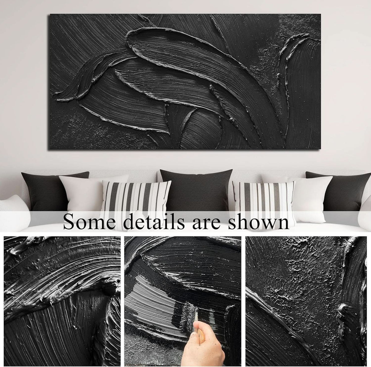 Black Abstract Wall Art Textured Large 29x58 Inches