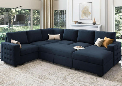 Blue Velvet U Shaped Sleeper Sofa With Pull Out Bed