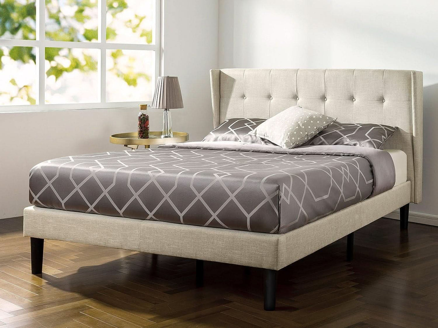 Athena Upholstered Platform Bed Frame With Wing back Headboard Taupe Full