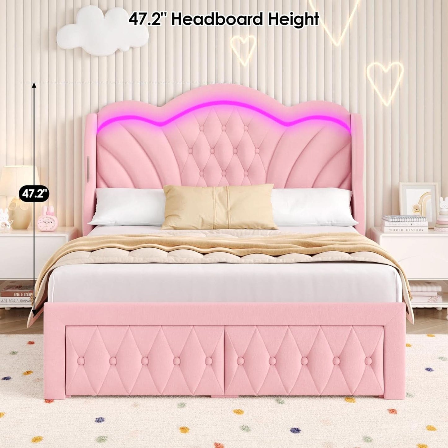 Pink Velvet Upholstered Platform Bed Frame With LEDs