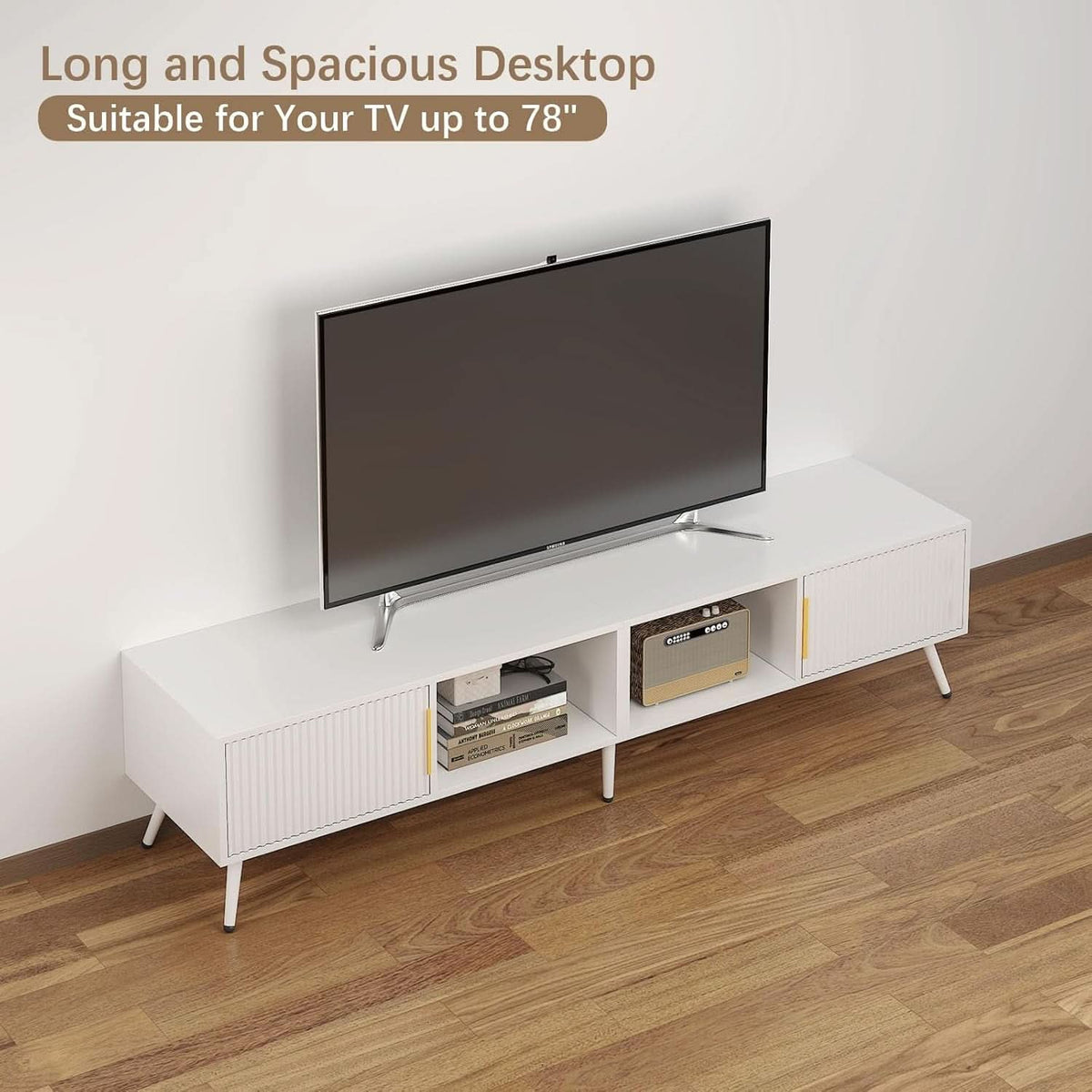 White Fluted TV Stand With Integrated Storage Cabinet