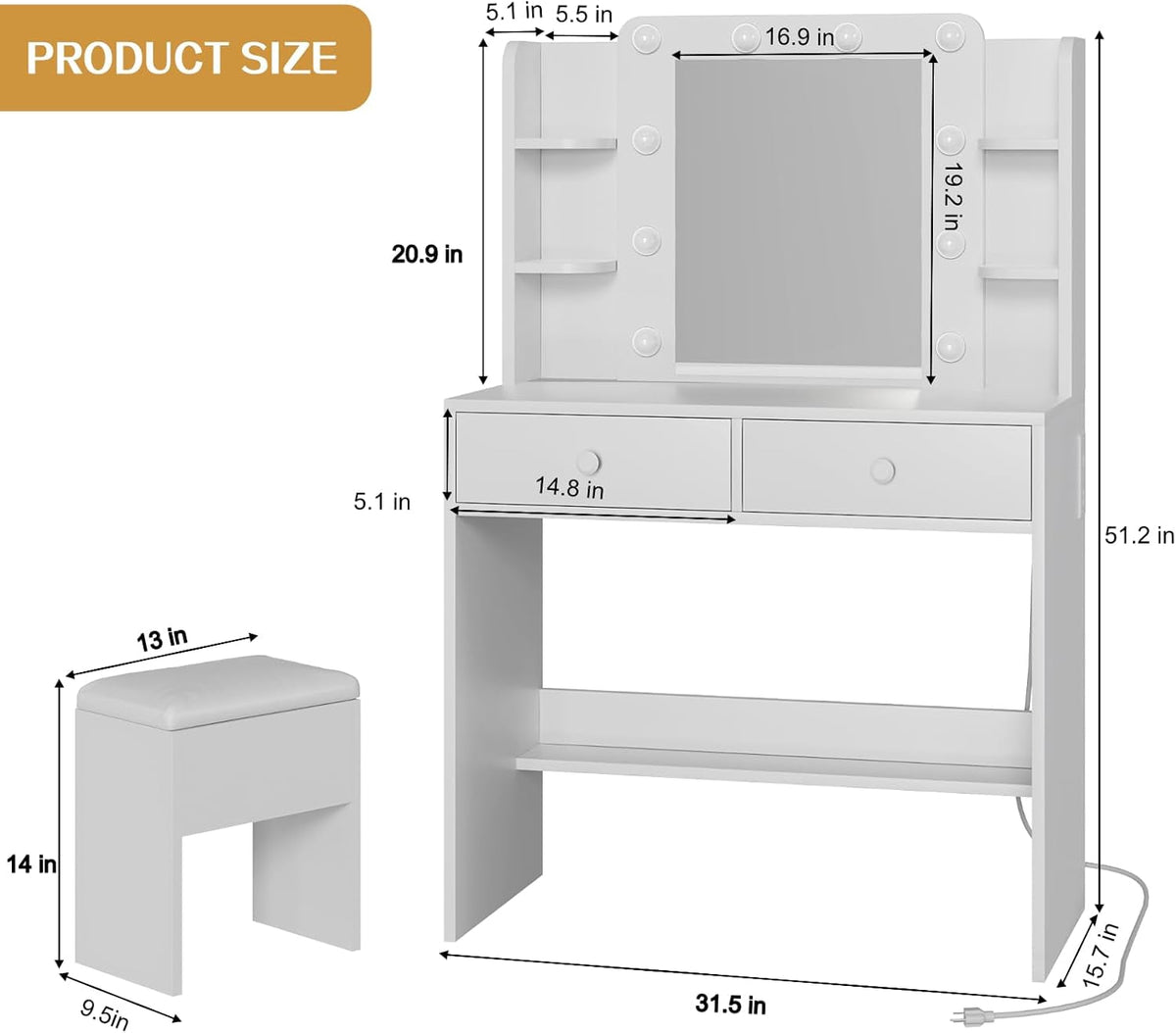 White Vanity Desk With Comprehensive Storage Mirror