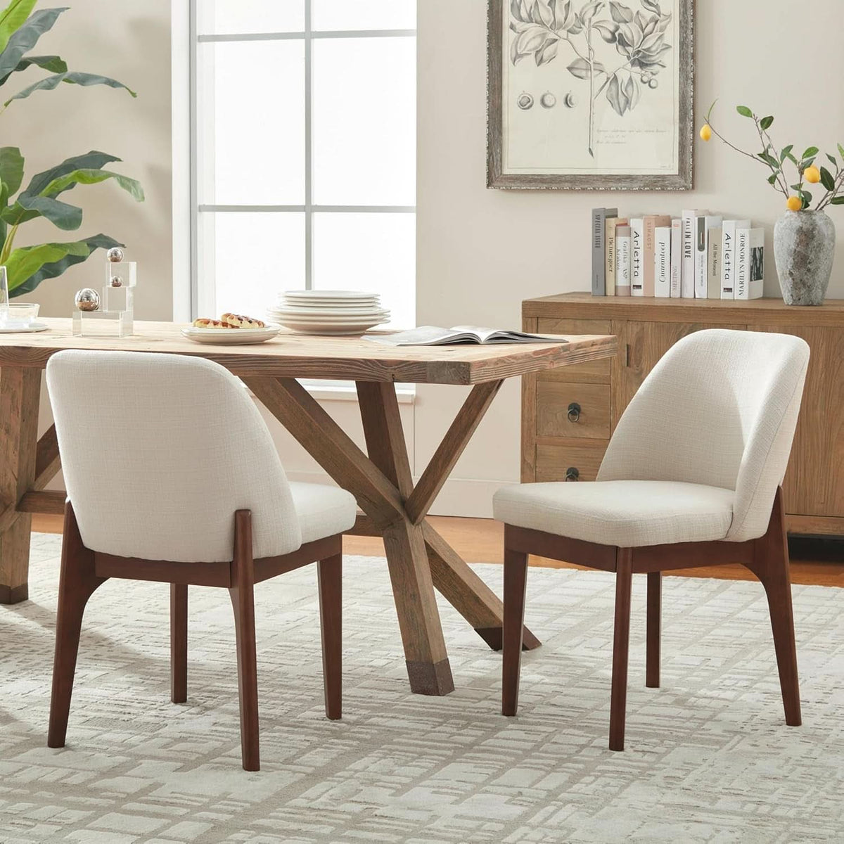 Beige Upholstered Dining Chairs Set With Rubberwood