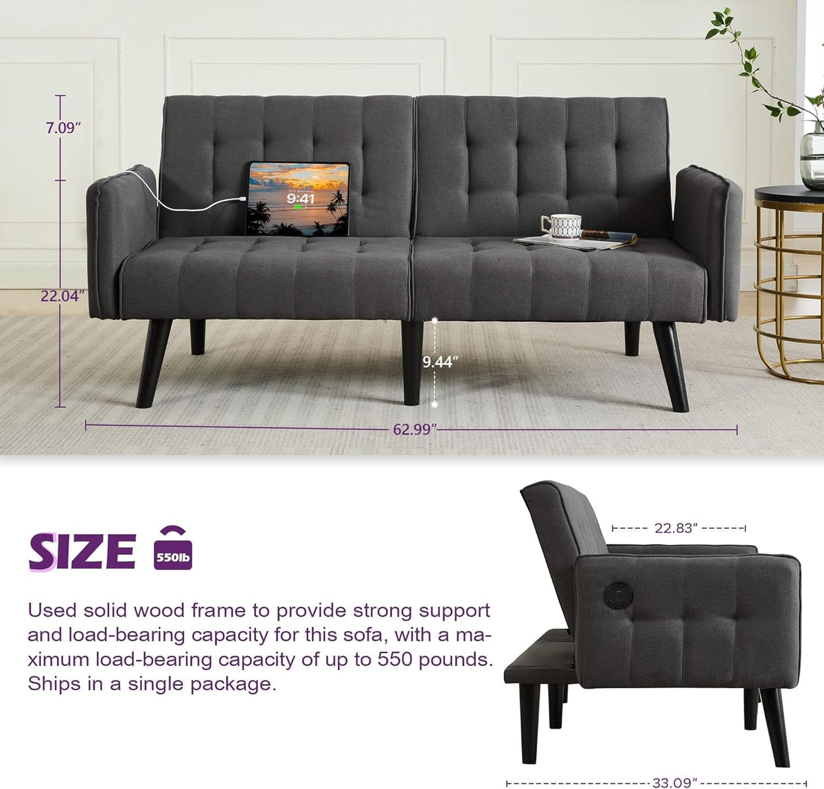 65 Inch Charcoal Grey Upholstered Convertible Sleeper Sofa
