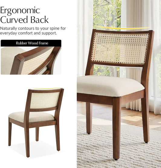 Walnut Rattan Upholstered Dining Chairs Curved Backrest