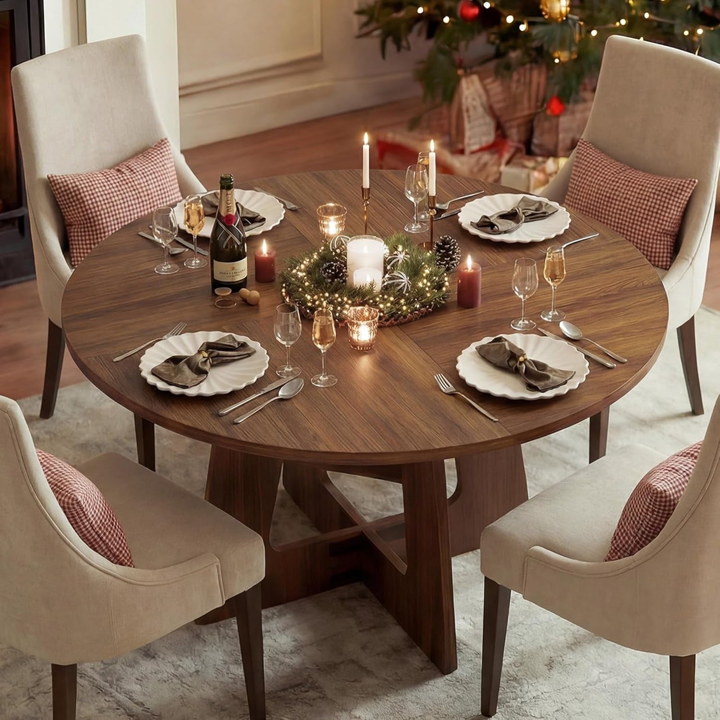 Contemporary Solid Wood 47 Inch Round Dining Table For Six
