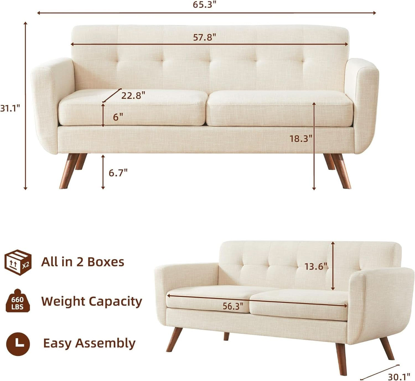Modern Compact Beige Loveseat For Small Living Rooms