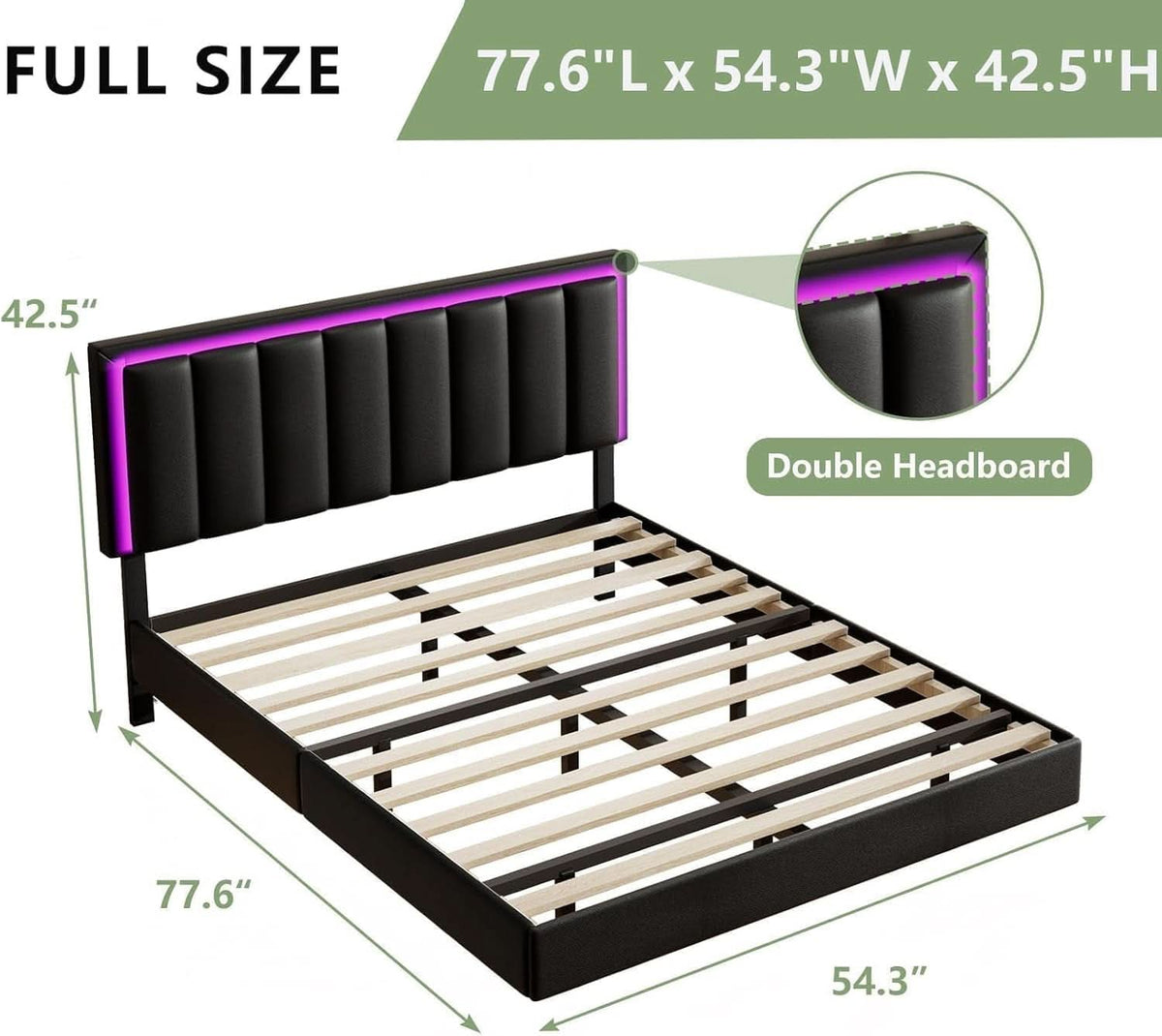 Floating Full Bed Frame with LED Lights and Head board, Black