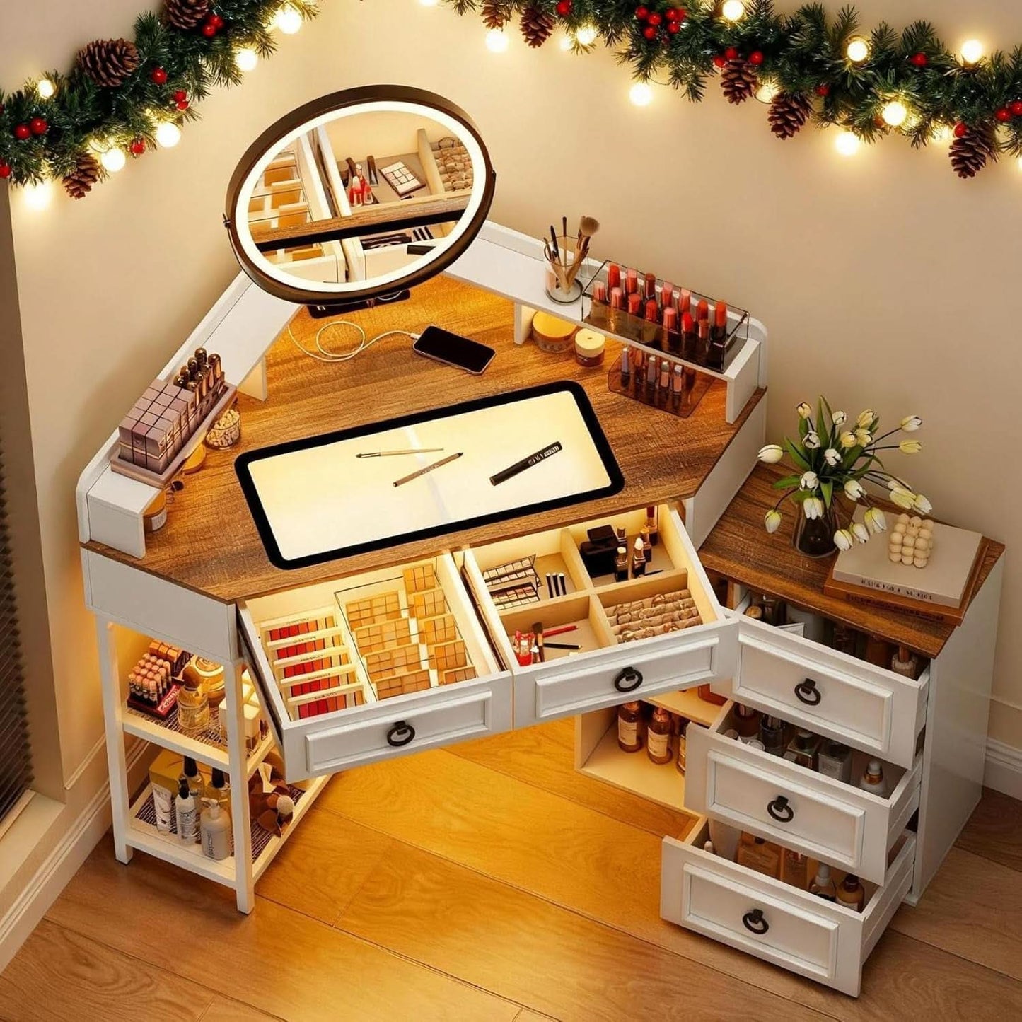 Corner Vanity Desk With Rotating Mirror Illumination