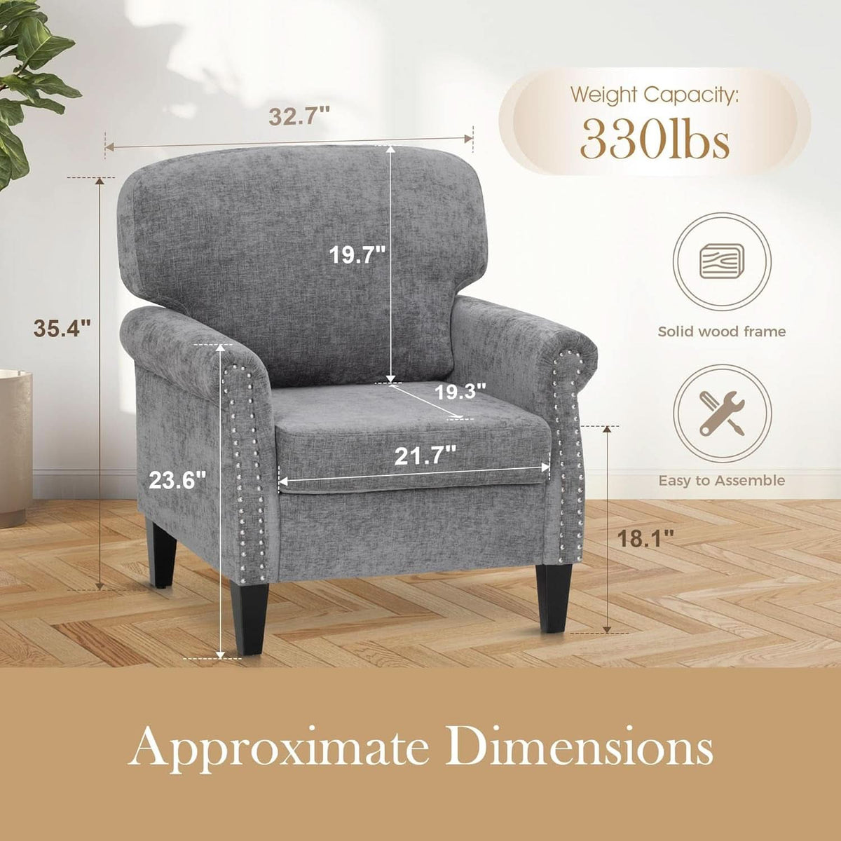 3 Piece Living Room Furniture Set Grey Linen Fabric Loveseat And Two Accent Chairs