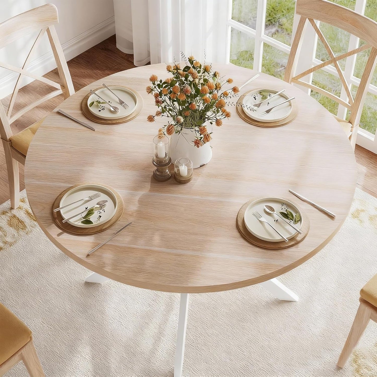 Natural Oak Round Dining Table With Rounded Edges For Four 47.2Inch