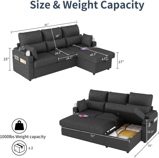 Black L Shaped Sleeper Sofa With Integrated Storage