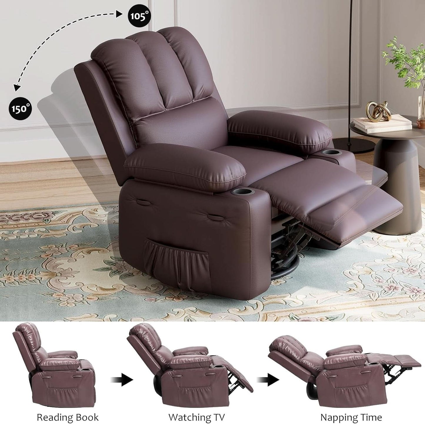 Leather Recliner Chair Brown Medium With Cup Holders And 150 Degree Recline