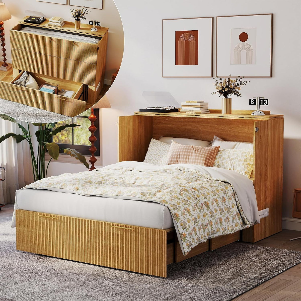 Fullsize Oak Murphy Bed Cabinet With Integrated Charging