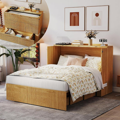 Fullsize Oak Murphy Bed Cabinet With Integrated Charging