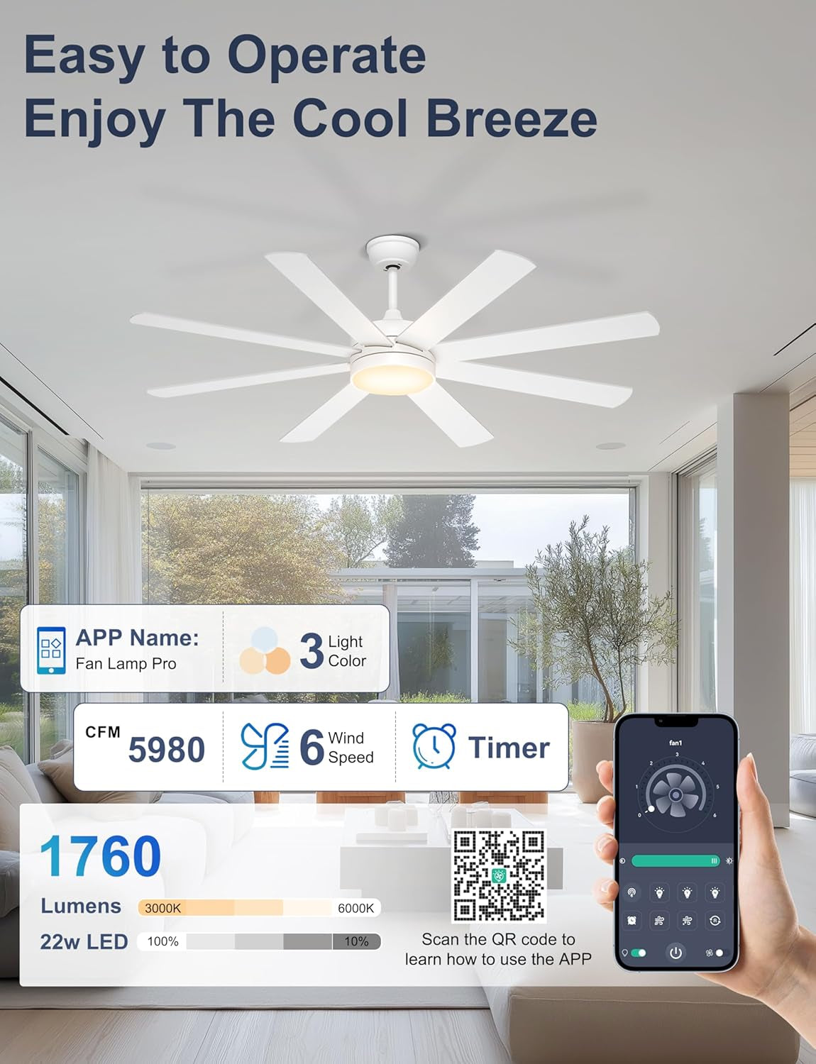 Professional 60 Inch White Ceiling Fan Integrated Controls