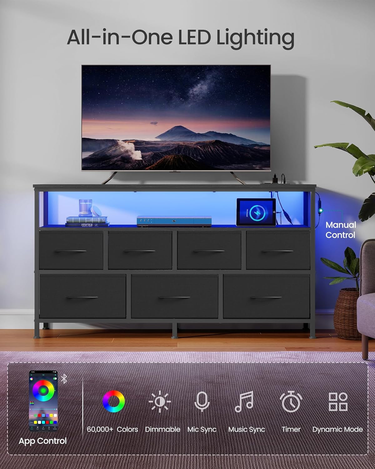 Ink Black Engineered Dresser With Integrated Lighting