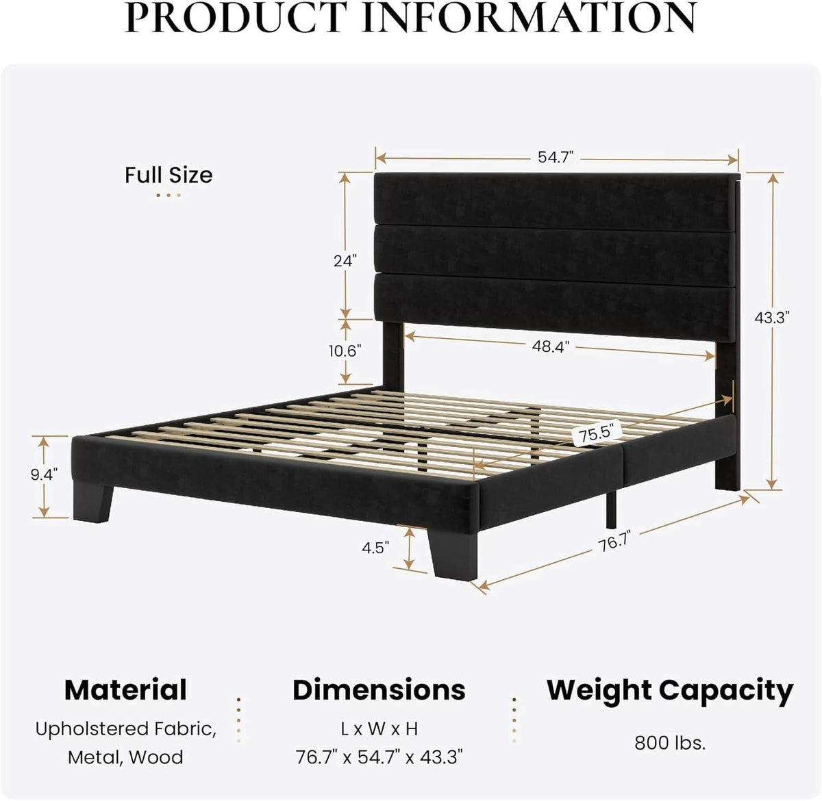 Standard Platform Bed Frame Velvet Headboard Black