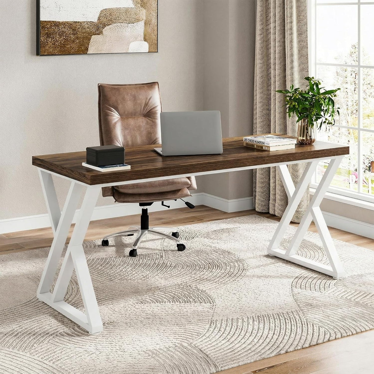 Walnut 55Inch ZShaped Industrial Grade Computer Desk