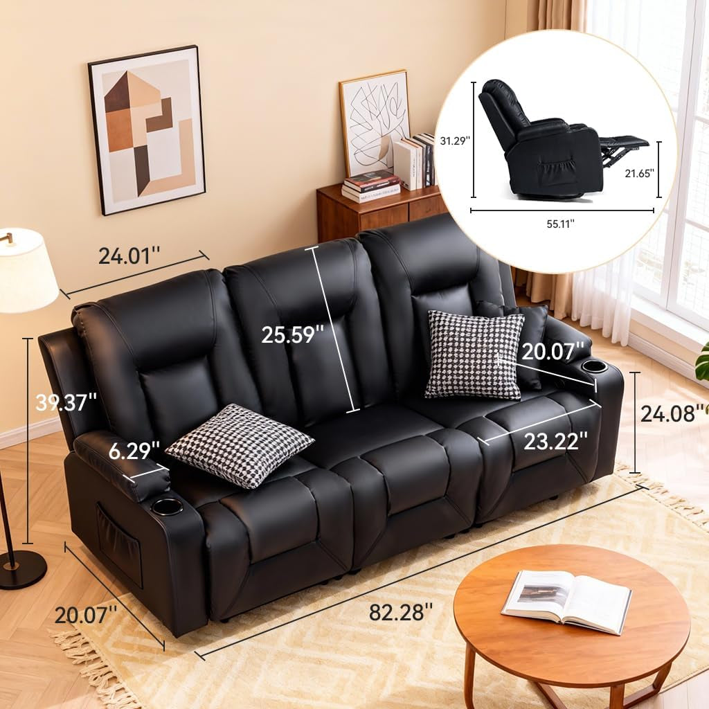 Faux Leatherette Manual Recliner Sofa Set Cupholders