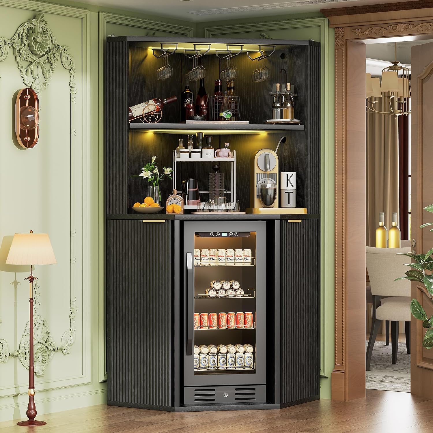 71-Inch L-Shaped Bar Cabinet Fridge Space Freestanding-3