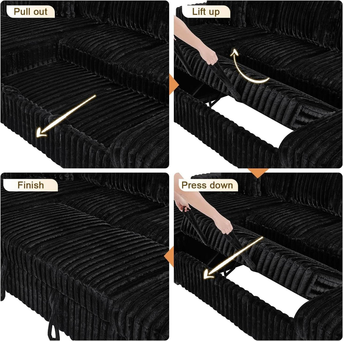 Black 122Inch U Shaped Sleeper Sectional USB Charging Ports