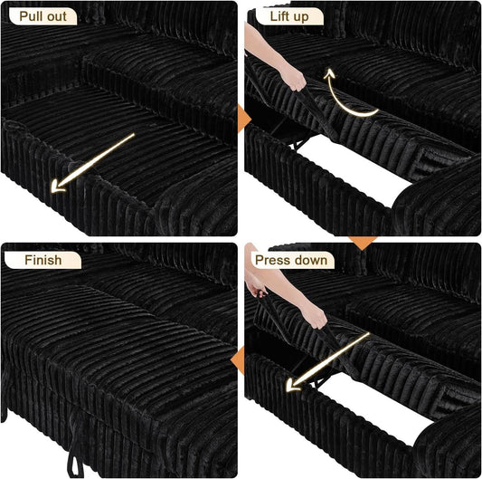 Black 122Inch U Shaped Sleeper Sectional USB Charging Ports