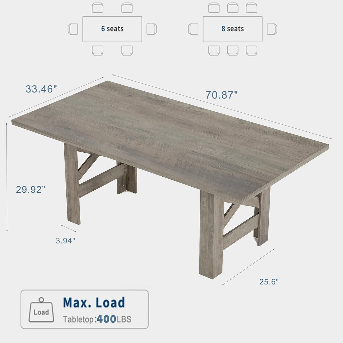 Rustic Gray Solid Wood Long Rectangular Dining Table