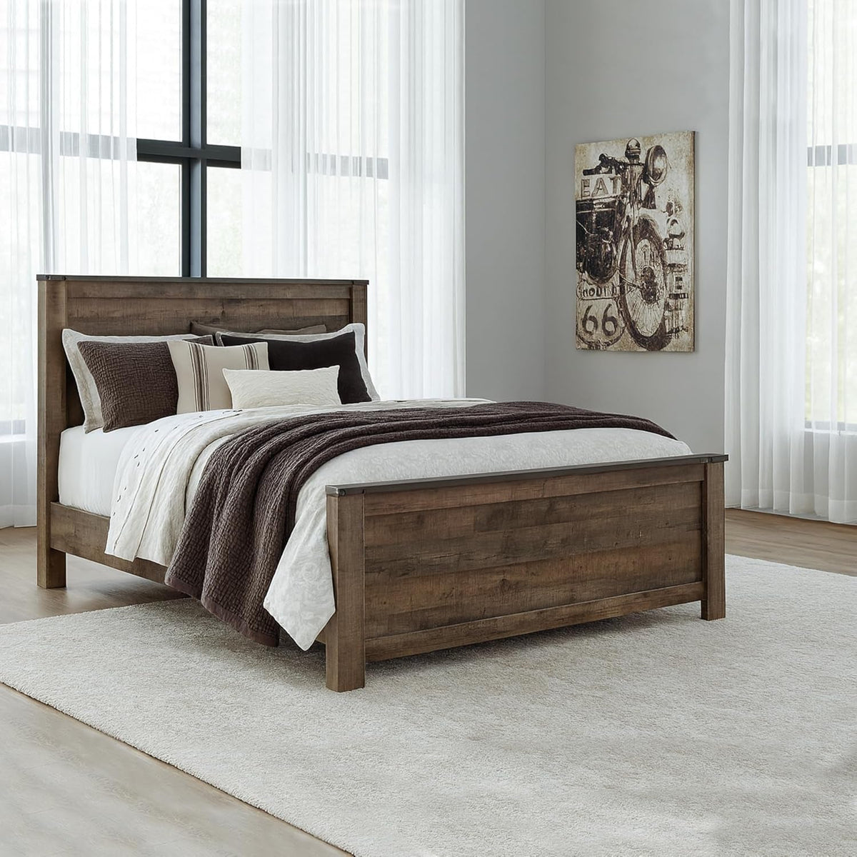 Queen Panel Bed Dark Brown Nailhead Trim Engineered Wood
