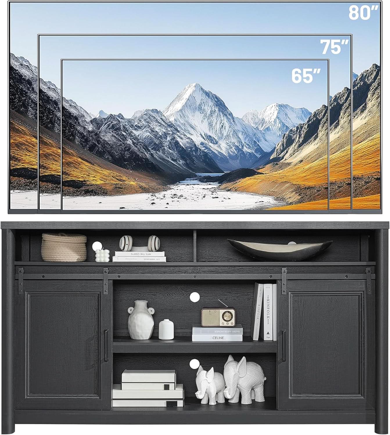 Farmhouse TV Stand Entertainment Center Sliding Doors Black