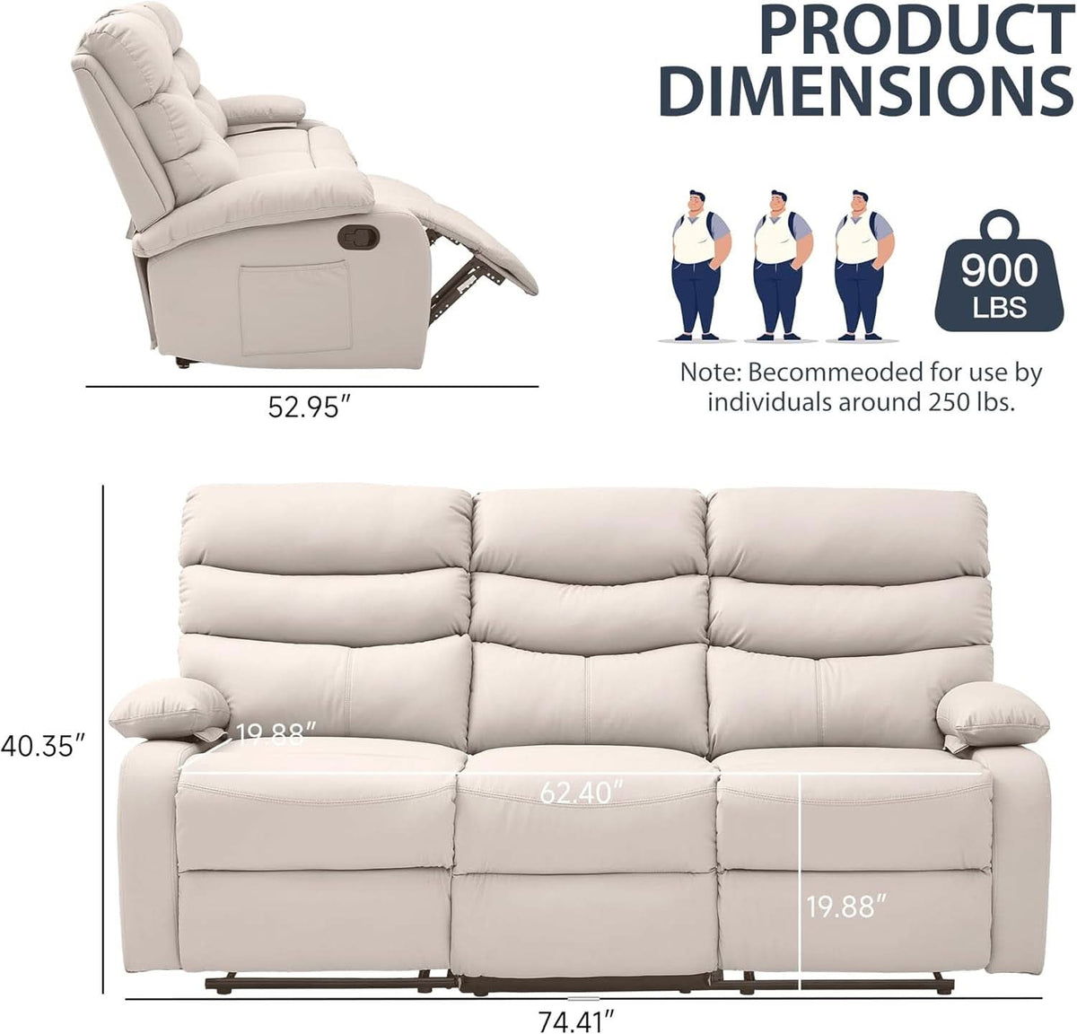 3 Seater Recliner Sofa Beige Living Room Set Collection
