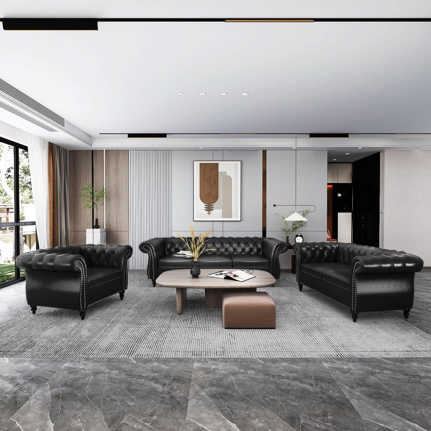 3 Piece Living Room Set Sectional Chesterfield Sofa Chair Artificial Leather Black-0