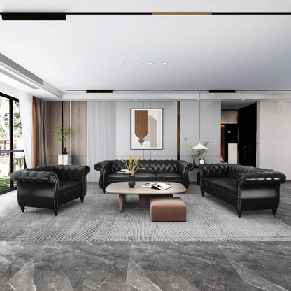 3 Piece Living Room Set Sectional Chesterfield Sofa Chair Artificial Leather Black-0