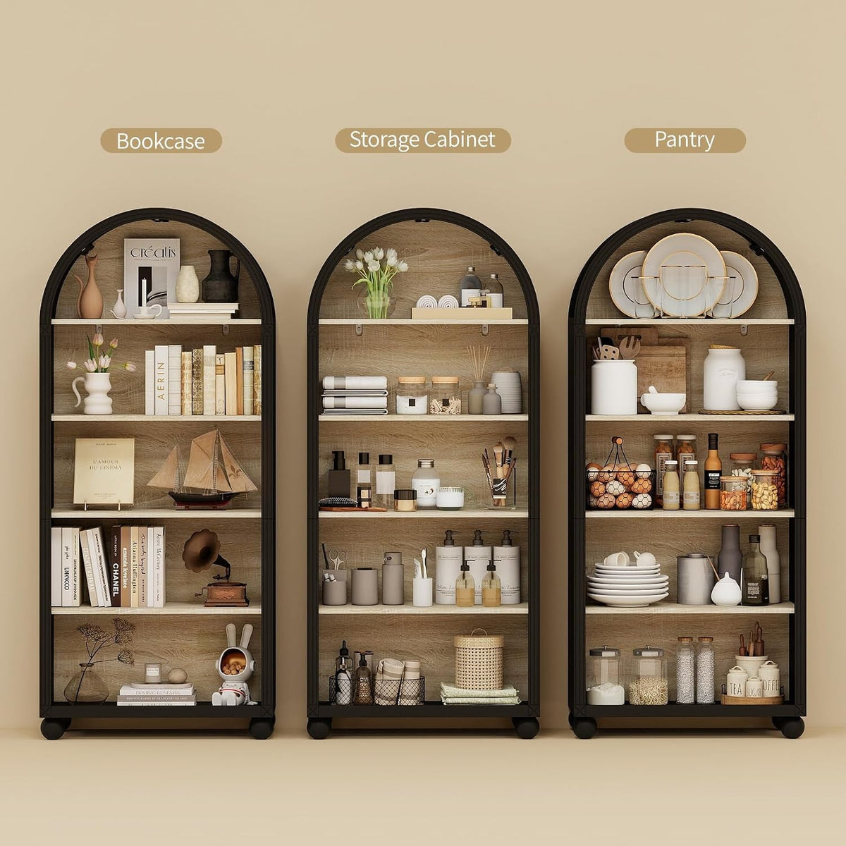 Tall Black Arched Bookcase Featuring Spacious Shelving