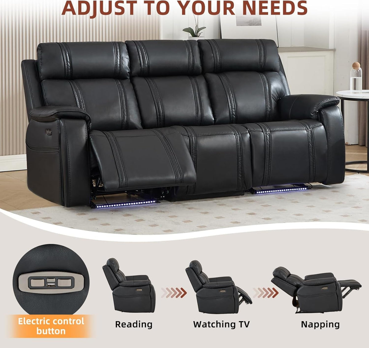 Black Leather Ambient Lighting Power Recliner Sofa