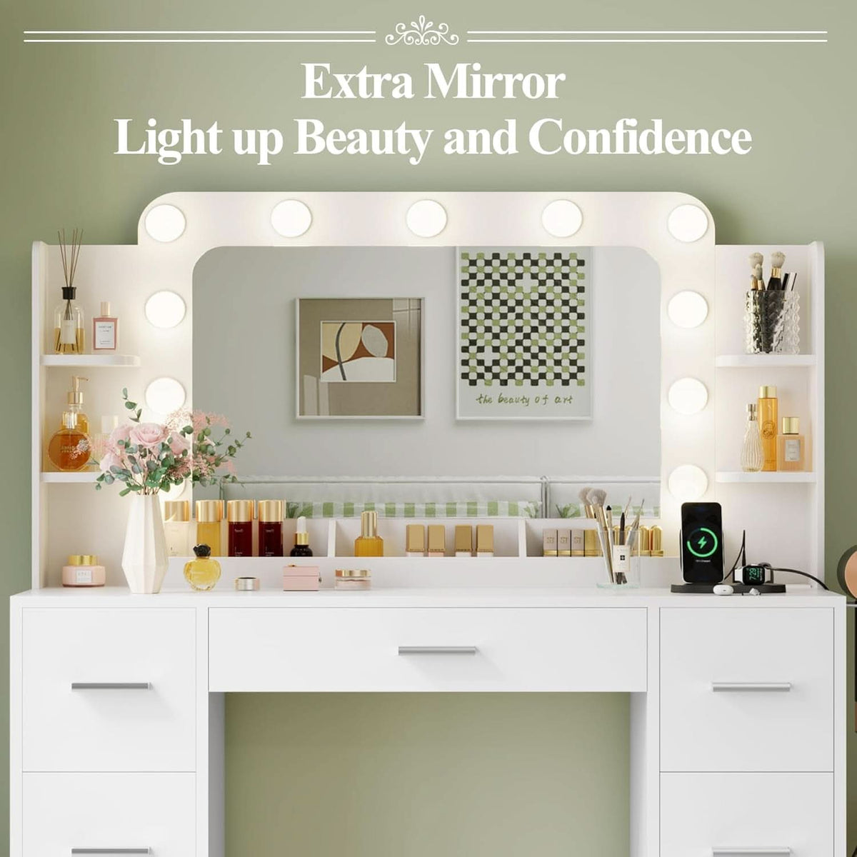 Makeup Vanity Desk White Illuminated Mirror Shelves