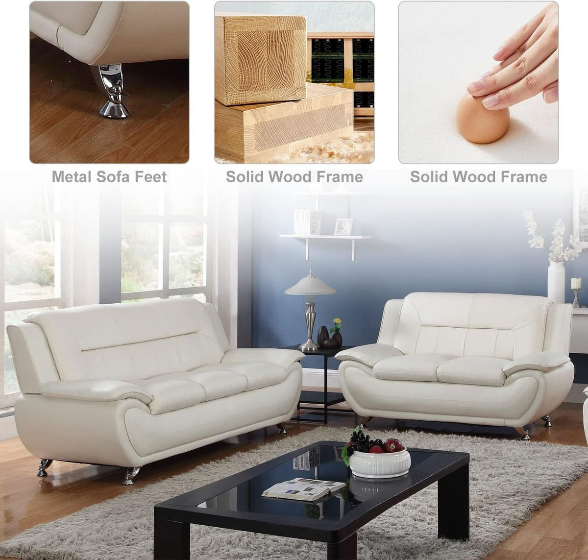 Cream White 2 Piece Faux Leather Sofa Set Living Room