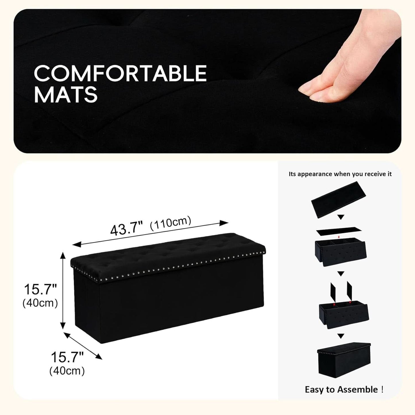 Black Premium Velvet Storage Ottoman Bench Bedroom