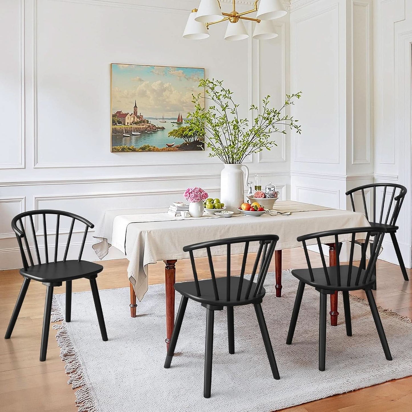 Black Farmhouse Wood Dining Chairs Semicircular Backrest