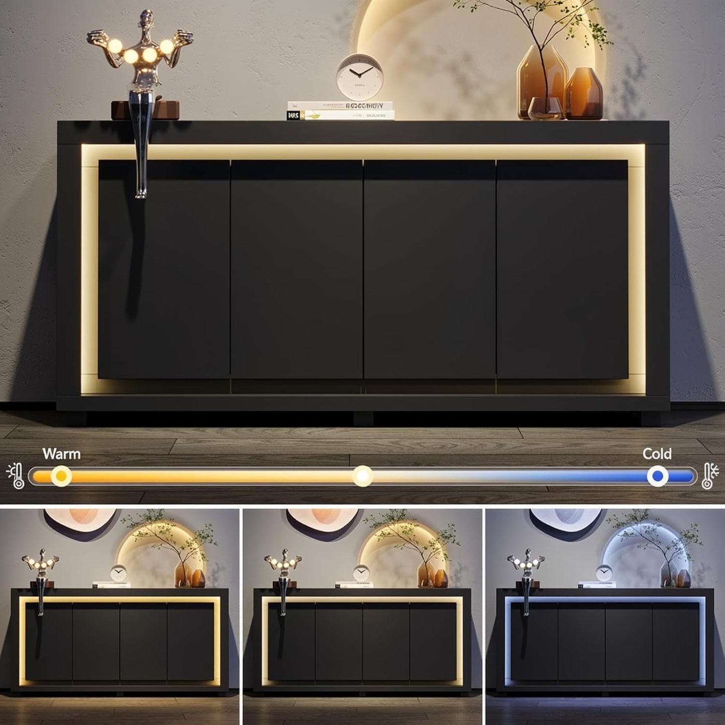 63Inch Black Sideboard Buffet Cabinet With PowerOutlets