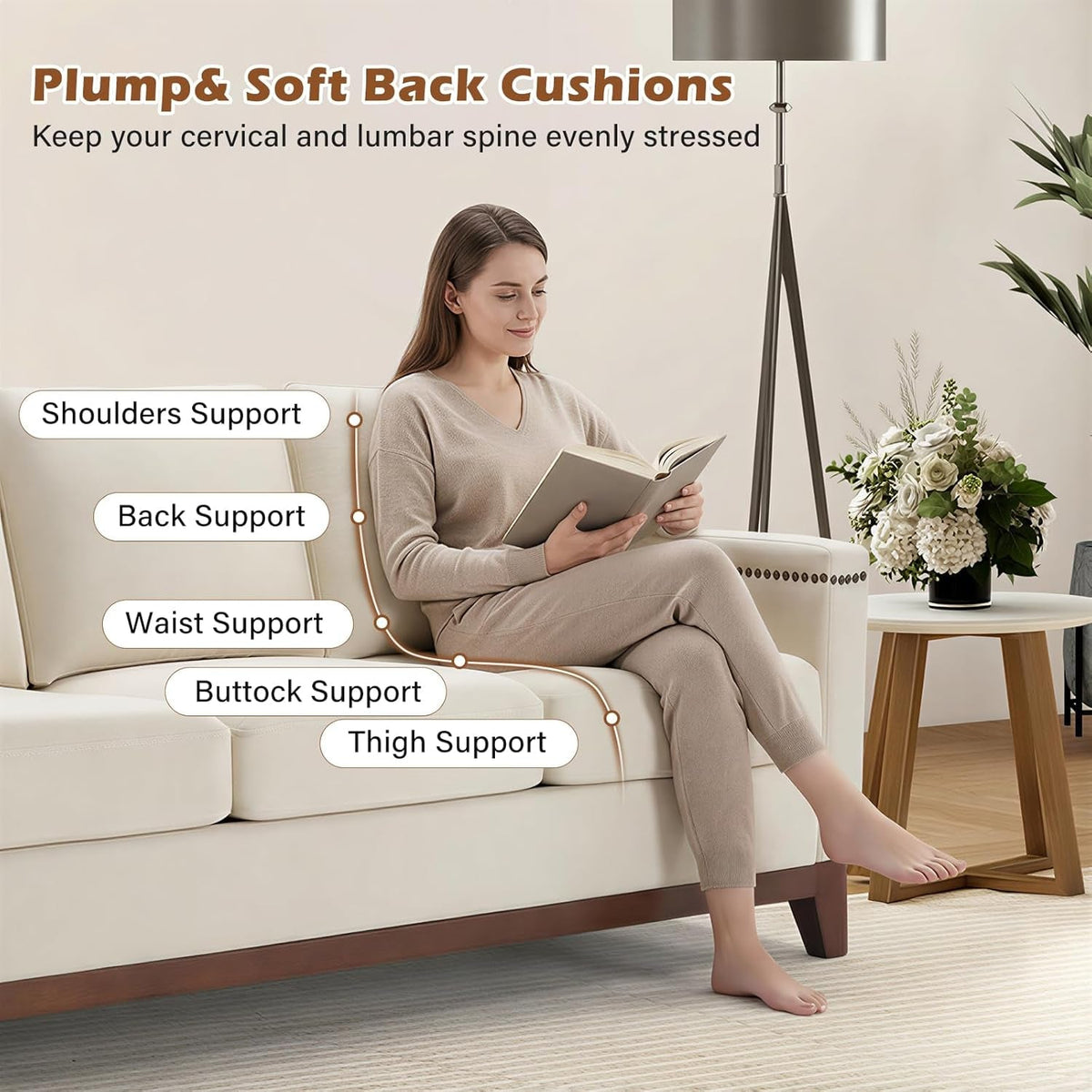 Beige ThreeSeater Upholstered Sofa With Nailhead Trim-4