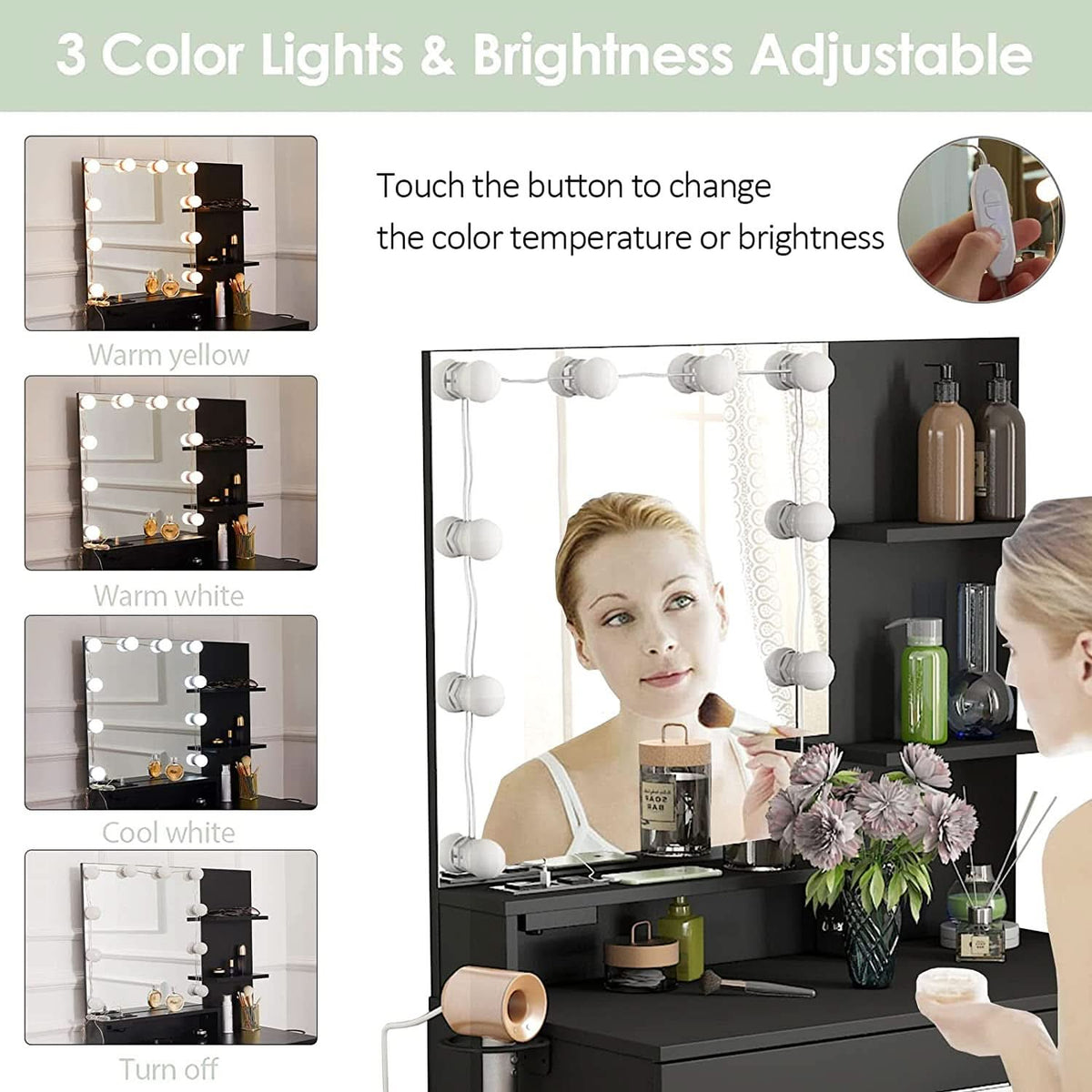 Black Makeup Vanity Table With Lighted Mirror And USB Ports