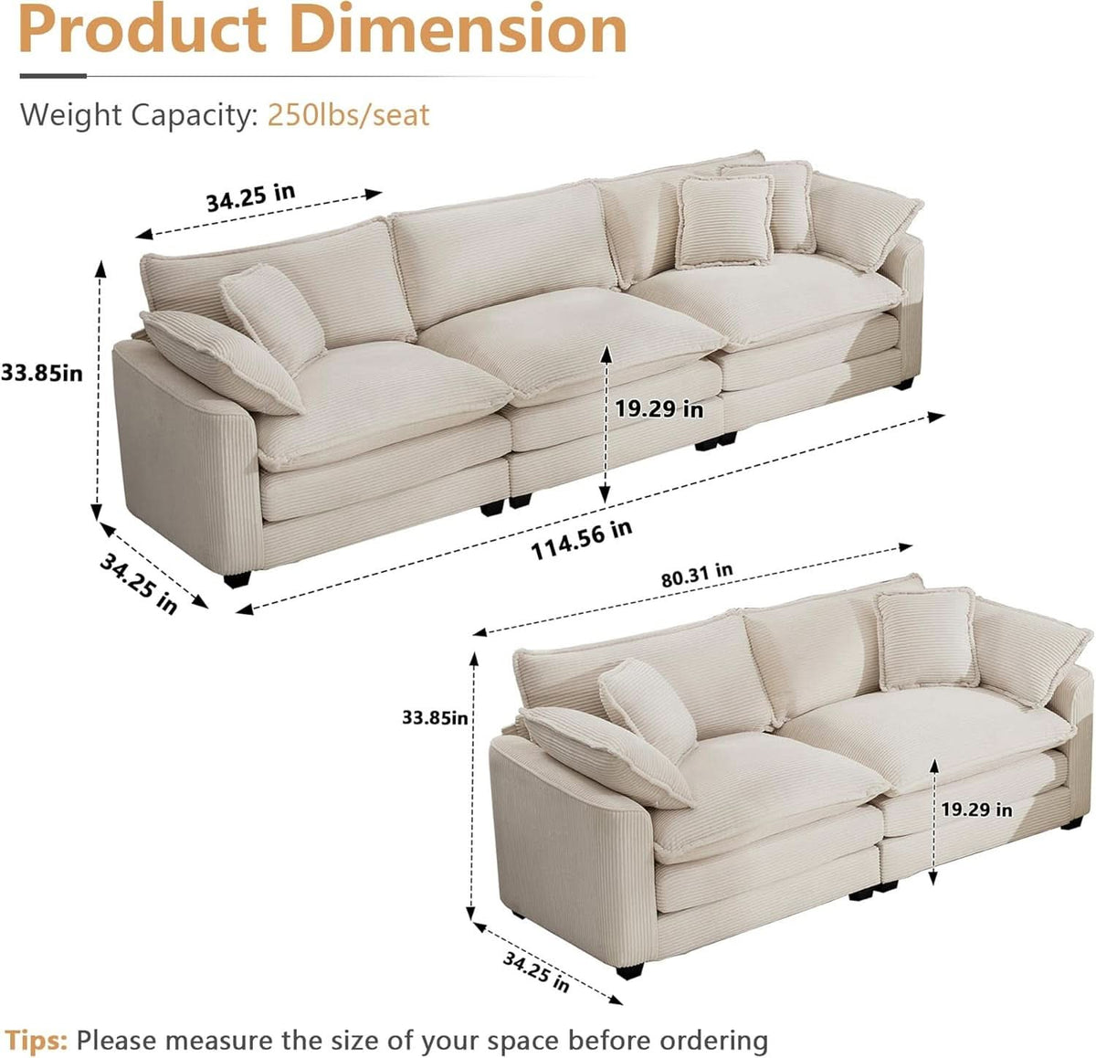 Oversized 2 Piece Sofa Set Beige 3 Seater And Loveseat