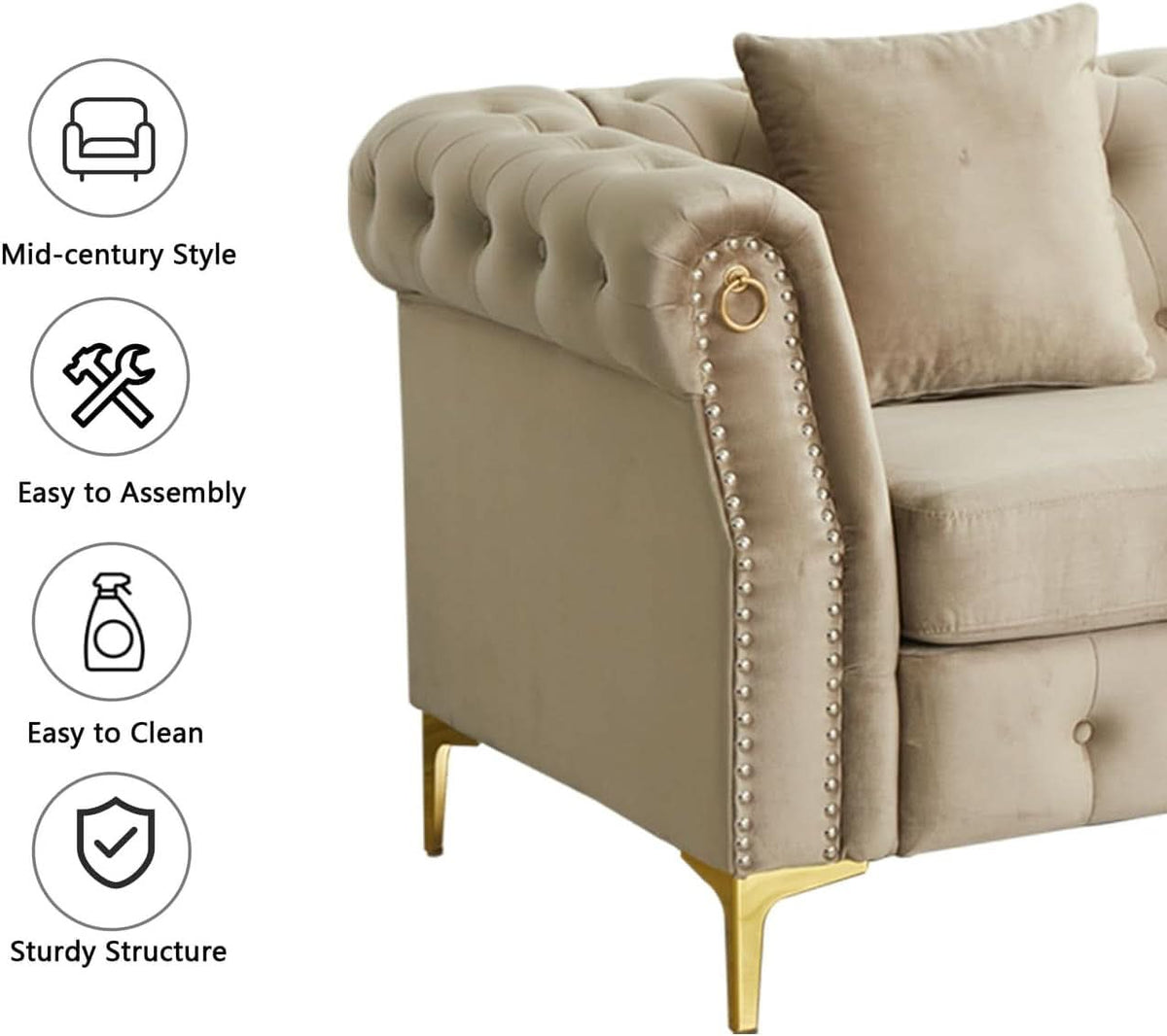 Three Piece Living Room Set Mid Century Sofa Armchair Loveseat Beige With Button Tufting And Nailhead Trim