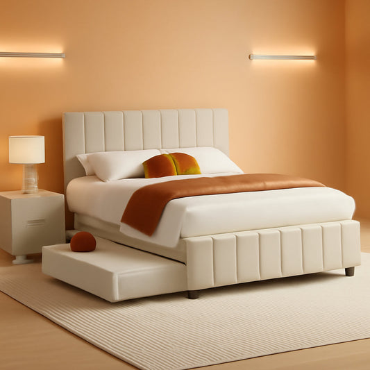 Queen Beige Velvet Upholstered Platform Bed Trundle
