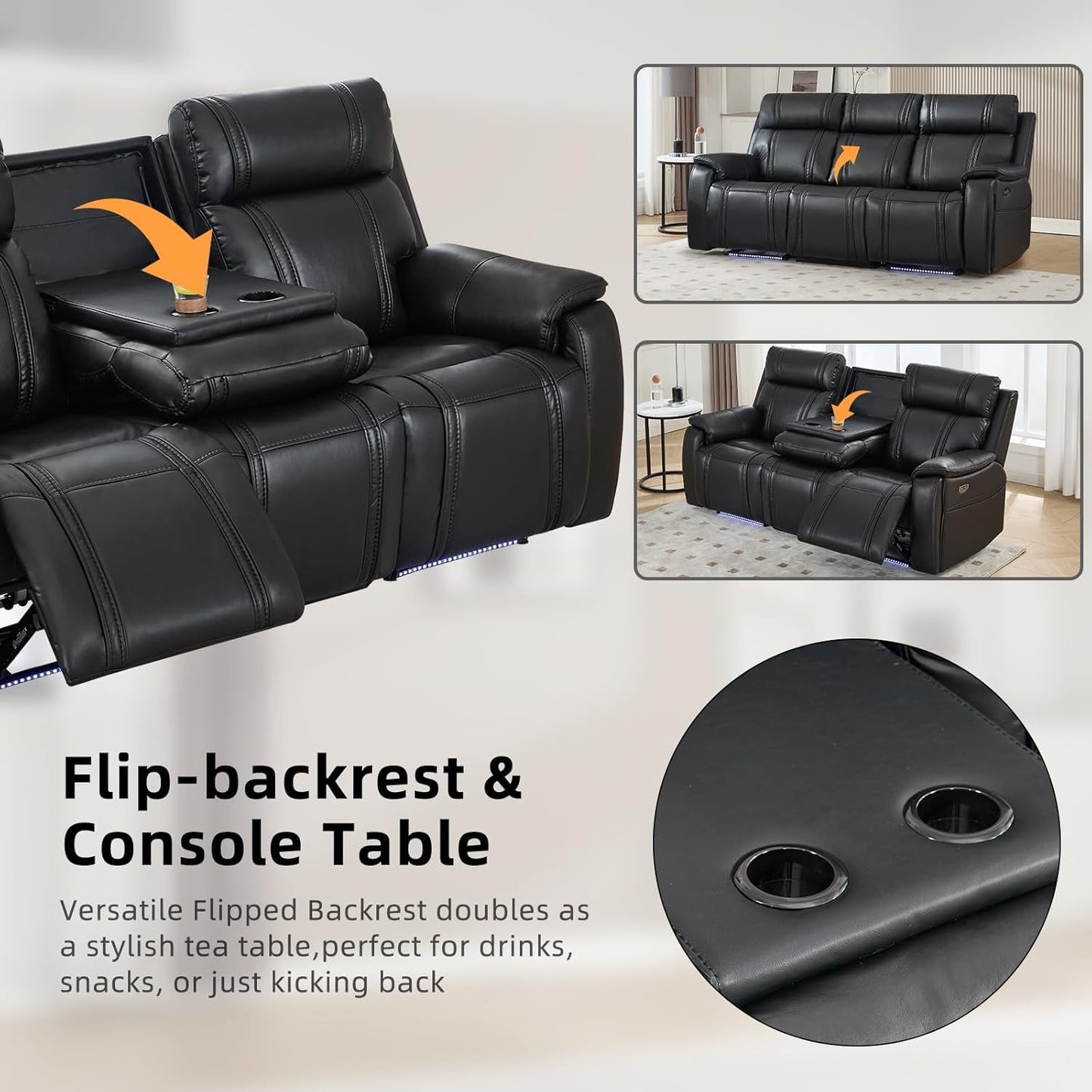 Black Leather Ambient Lighting Power Recliner Sofa