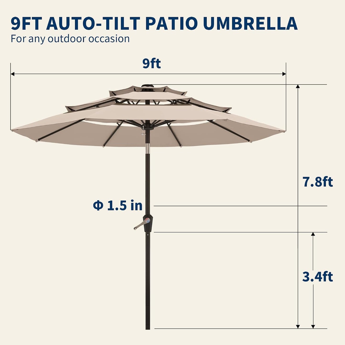 9Ft Weather Resistant Outdoor Patio Umbrella Auto Tilt